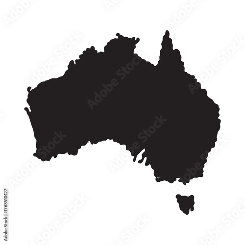 A simple black silhouette map of the continent of Australia including Tasmania, isolated on a plain white background
