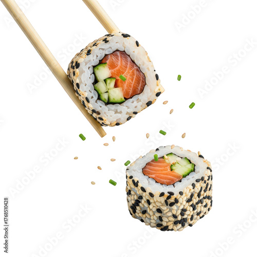 Sushi Rolls with Salmon Avocado Sesame and Chopsticks Japanese Cuisine Seafood Maki Asian Food Gourmet Oriental Delicious Meal Isolated