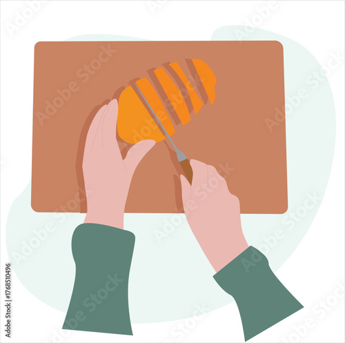 hands cutting on cutting board.hand cutting fruit