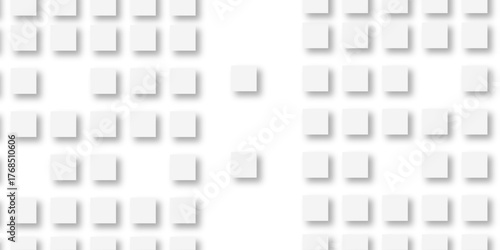 Random offset small white cubes, blocks or boxes background wallpaper banner with copy space. 3d architecture pattern design. Template for branding business. Squares Texture. 3D Rendering .
