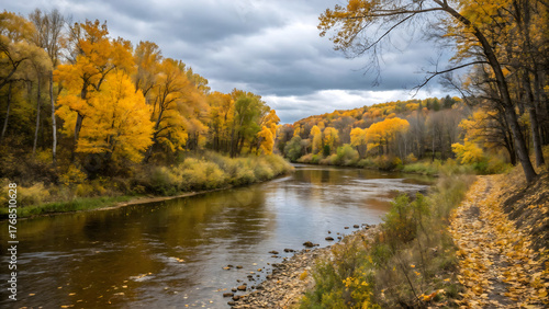 River and yellow trees in autumn forest