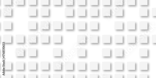 Random offset small white cubes, blocks or boxes background wallpaper banner with copy space. 3d architecture pattern design. Template for branding business. Squares Texture. 3D Rendering .
