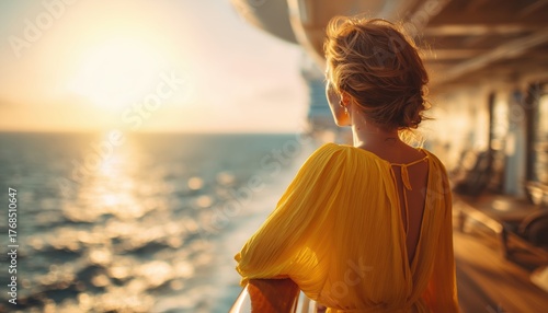 Elegant Tourist Woman Enjoying Sun On Balcony Deck Of Luxury Cruise Ship In Mediterranean. Cruising Destinations For Summer Vacation Holiday.