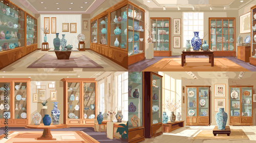 A sophisticated art gallery featuring elegant ceramic vases in glass display cases. A modern, light-filled space showcasing fine porcelain and decorative art pieces.