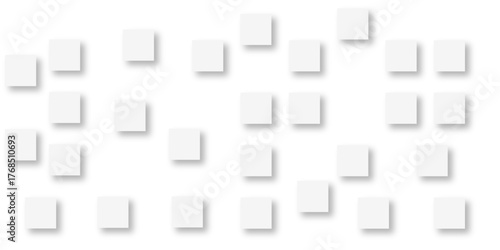 Random offset small white cubes, blocks or boxes background wallpaper banner with copy space. 3d architecture pattern design. Template for branding business. Squares Texture. 3D Rendering .
