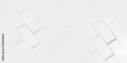 Random offset small white cubes, blocks or boxes background wallpaper banner with copy space. 3d architecture pattern design. Template for branding business. Squares Texture. 3D Rendering .
