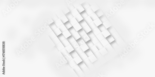 Random offset small white cubes, blocks or boxes background wallpaper banner with copy space. 3d architecture pattern design. Template for branding business. Squares Texture. 3D Rendering .

