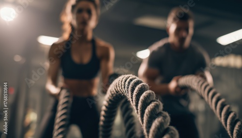 Couple Training Together With Battle Ropes For Arms And Cardio At The Gym: A Crossfit Workout For Fitness Enthusiasts.