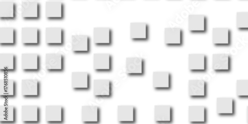 Random offset small white cubes, blocks or boxes background wallpaper banner with copy space. 3d architecture pattern design. Template for branding business. Squares Texture. 3D Rendering .
