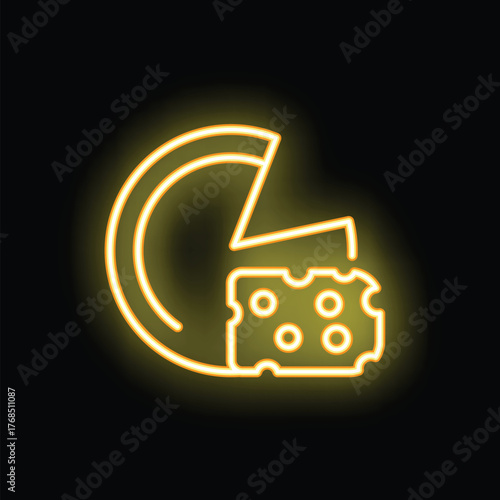 Glowing yellow neon sign representing a piece of cheese, ideal for restaurants and food businesses