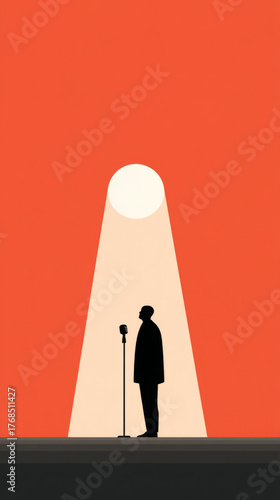 Solo performer on stage with dramatic spotlight against vibrant orange background