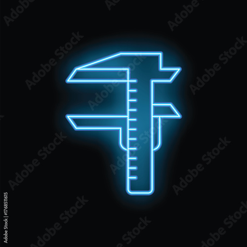 Bright blue neon caliper icon glowing on a dark background