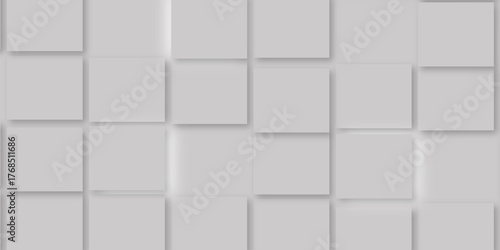 Random offset small white cubes, blocks or boxes background wallpaper banner with copy space. 3d architecture pattern design. Template for branding business. Squares Texture. 3D Rendering .
