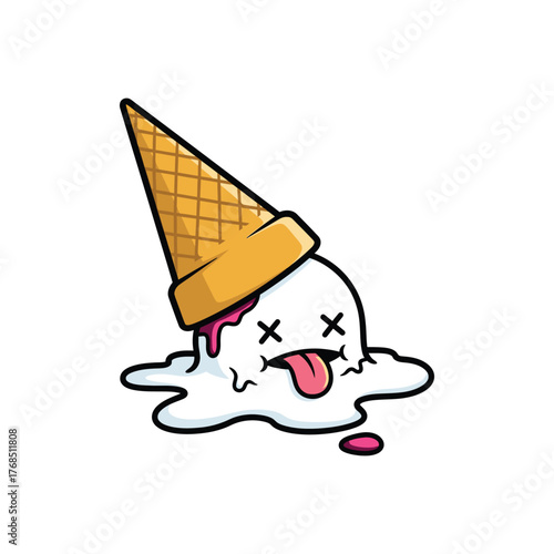 Melting Ice Cream Cone Cartoon Character Illustration.