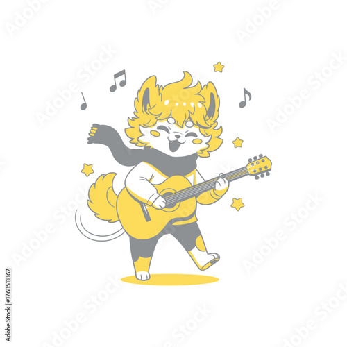 Cute Fox Character Playing Acoustic Guitar Illustration.