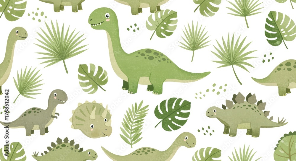 Cute Dinosaur and Tropical Leaves Pattern seamless cartoon kids fabric wallpaper background green animal reptile prehistoric jungle