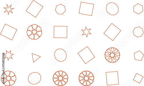 A collection of geometric shapes and patterns in orange outline on a, including squares, circles, stars, and other polygons