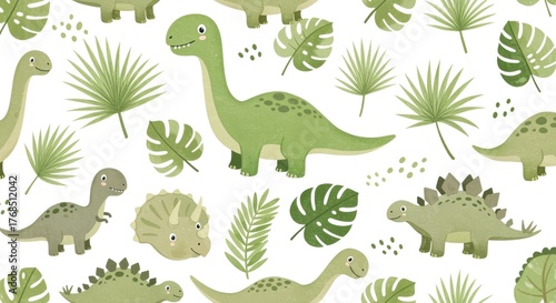 Cute Dinosaur and Tropical Leaves Pattern seamless cartoon kids fabric wallpaper background green animal reptile prehistoric jungle