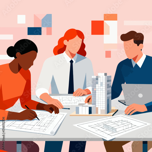 Collaborative architects designing modern skyscraper blueprints, focused teamwork and precision for innovative construction projects, urban development