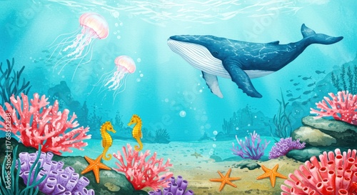 Fototapeta Naklejka Na Ścianę i Meble -  Underwater scene with whale, seahorses and jellyfish coral reef ocean marine life watercolor illustration starfish aquatic animal