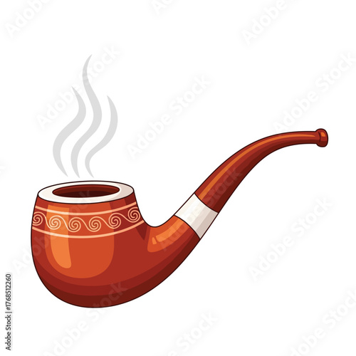 Vector illustration of a classic brown smoking pipe with white decorative patterns on the bowl, emitting wisps of smoke