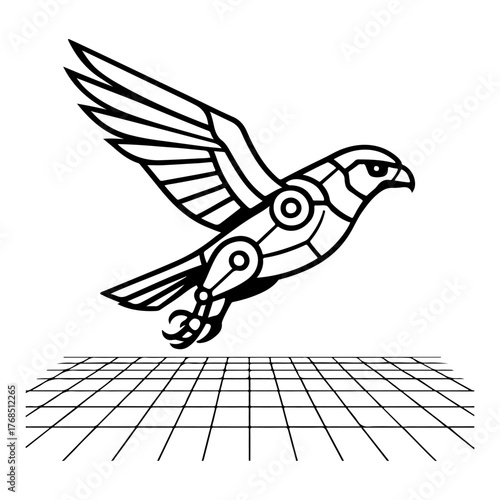 Mechanical bird taking flight over a grid, symbolizing innovation and future technology