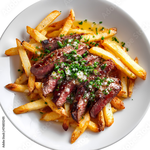 Delicious looking steak frites on a white plate isolated on transparent background