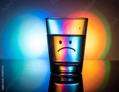 Tableau sur toile A glass of water with a sad face illustration illuminated by colorful lights, symbolizing emotion and mood