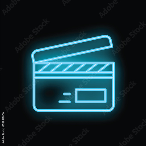 Bright blue neon clapperboard is glowing, symbolizing filmmaking and video production