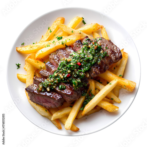 Delicious looking steak frites on a white plate isolated on transparent background