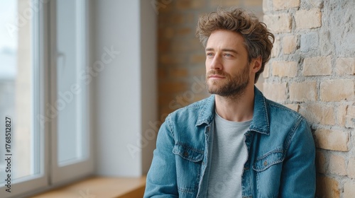 Man Sitting By Window In Loft With Brick Wall And Denim Jacket Looking Away Thoughtful Expression Daylight Illumination