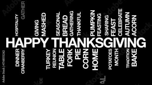 Happy thanksgiving concept Animated Tag Word Cloud kinetic typography, Text Design Animation typography seamless loop video motion graphics Intro, Word Art Looping white type on black backdrop bg 