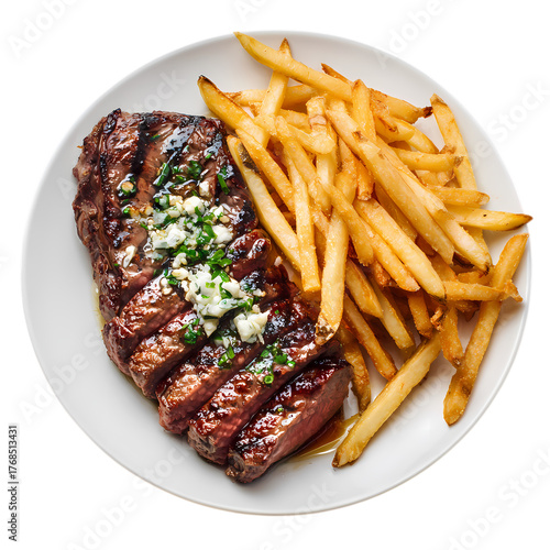 Delicious looking steak frites on a white plate isolated on transparent background