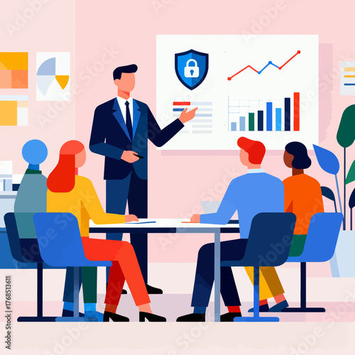 Dynamic business presentation showcasing data security and growth charts to diverse team, ideal for corporate training and cybersecurity awareness campaigns