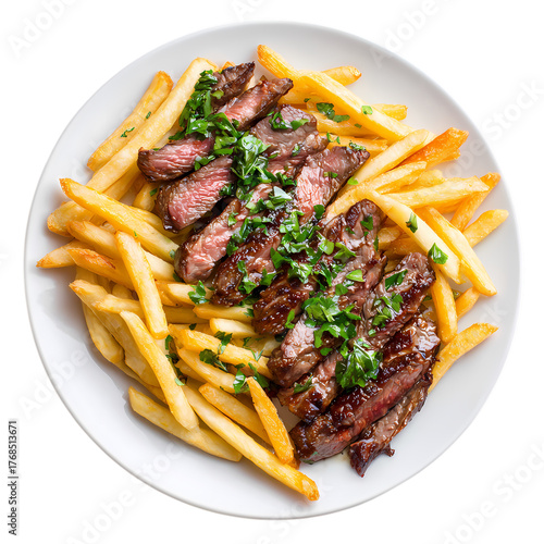 Delicious looking steak frites on a white plate isolated on transparent background