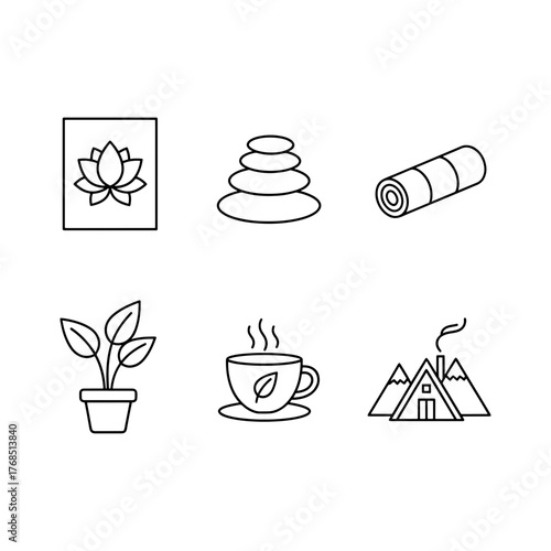 Zen lifestyle icons for wellness retreat branding, perfect for meditation apps and relaxation therapy services. Serene, minimalist design for mindful living promotions.