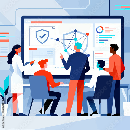 Dynamic team analyzing cybersecurity data on screen, strategizing risk management in modern office, collaborative approach to threat detection and prevention shown
