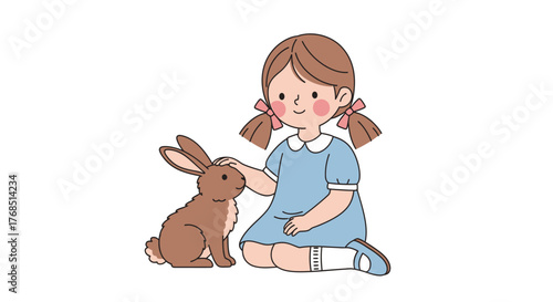 Illustration depicting a girl with pigtails tenderly petting a brown rabbit in charming style