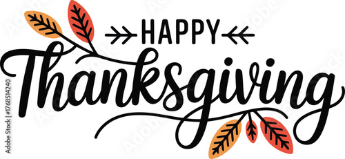 Happy thanksgiving text with autumn leaves and decorative elements