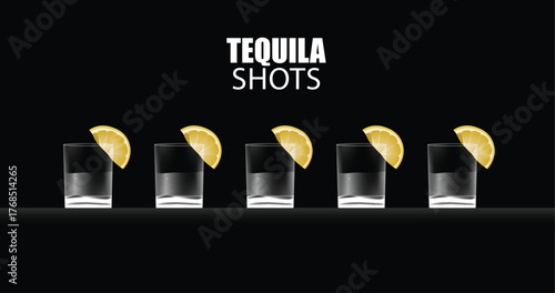 Tequila shot glasses with lemon slices on black party celebration background