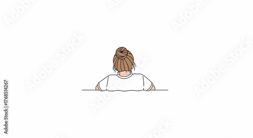 Minimalist illustration of a young woman with bun hairstyle contemplating the horizon ahead