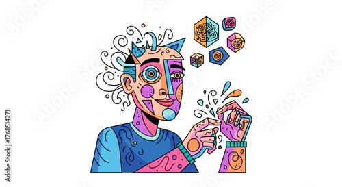 Creative abstract illustration of a person with geometric elements and vibrant colors