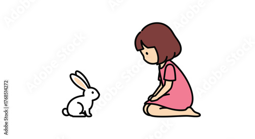 Illustration of a girl kneeling down to observe a little white bunny rabbit isolated on a plain
