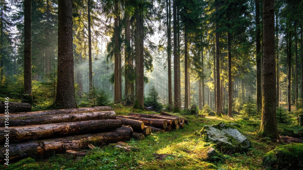 Obraz premium Serene Forest with Sunlight Filtering Through Trees, Showing Cut Logs and Lush Greenery Amidst the Natural Beauty of a Tranquil Woodland Environment