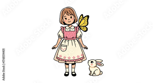 Enchanting spring illustration of a girl with a butterfly and a bunny in pastel colors