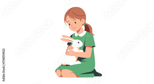 A young girl tenderly embraces her fluffy white rabbit friend in a heartfelt moment of companionship
