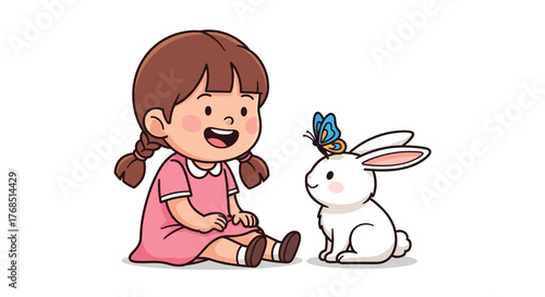 Charming Cartoon Illustration of a Girl Admiring a Butterfly Resting on a Bunny's Head