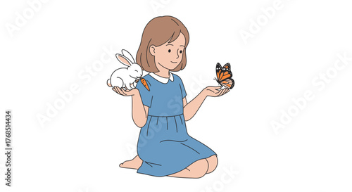 A serene illustration of a girl, a rabbit with a carrot, and a butterfly evoking innocence and