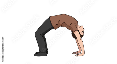 A man demonstrating Urdhva Dhanurasana or upward bow yoga pose on a white background