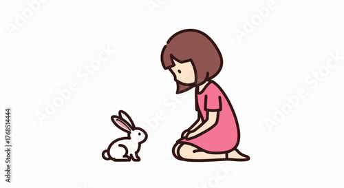 Enchanting sketch of a girl kneeling before a cute rabbit symbolizing friendship and wonder